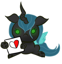 Size: 338x351 | Tagged: safe, artist:infernaldalek, queen chrysalis, changeling, changeling queen, g4, beggar, crossover, devil beggar, female, heart, sign, simple background, sitting, solo, the binding of isaac, transparent background