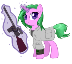 Size: 486x433 | Tagged: safe, artist:infernaldalek, oc, oc only, pony, unicorn, fallout equestria, gun, pipboy, rifle, solo, weapon