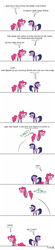 Size: 450x2057 | Tagged: safe, artist:foudubulbe, pinkie pie, twilight sparkle, alicorn, pony, g4, blushing, comic, female, fourth wall, glare, mare, pointy ponies, twilight sparkle (alicorn), unamused