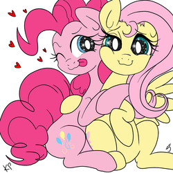 Size: 1500x1500 | Tagged: safe, artist:kinkypinkie, artist:silver1kunai, fluttershy, pinkie pie, g4, cuddling, cute, female, hug, lesbian, ship:flutterpie, shipping, snuggling