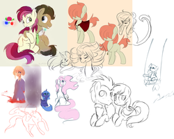 Size: 1024x819 | Tagged: safe, artist:fikakorv, doctor whooves, princess celestia, princess luna, roseluck, time turner, twilight sparkle, oc, oc:rudy redhead, g4, female, male, ship:doctorrose, shipping, sketch dump, straight