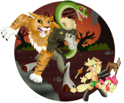 Size: 1200x1000 | Tagged: safe, artist:swanlullaby, apple bloom, applejack, chimera sisters, chimera, earth pony, pony, g4, somepony to watch over me, fireproof boots, flute, lion tamer's chair, multiple heads, musical instrument, snake charmin' flute, three heads