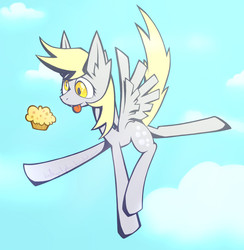 Size: 950x975 | Tagged: safe, artist:kathyatipton, derpy hooves, pegasus, pony, g4, :p, female, flying, mare, muffin, smiling, solo, tongue out