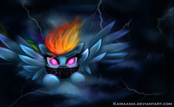 Size: 1200x746 | Tagged: safe, artist:kairaanix, rainbow dash, g4, female, flying, lightning, mask, solo, spread wings