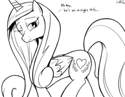 Size: 1280x994 | Tagged: safe, artist:cs, princess cadance, alicorn, pony, g4, bedroom eyes, butt, dialogue, female, grayscale, heart, implied infidelity, looking at you, looking back, lovebutt, mare, monochrome, plot, simple background, smiling, solo, wink