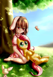 Size: 2430x3507 | Tagged: safe, artist:dyoung, angel bunny, fluttershy, butterfly, g4, high res, inaba tewi, shade, snuggling, sunbathing, sunshine, touhou