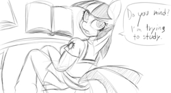 Size: 1280x698 | Tagged: safe, artist:sweethd, twilight sparkle, anthro, g4, book, dialogue, female, monochrome, solo