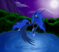 Size: 2700x2400 | Tagged: safe, artist:cloud-dash, princess luna, g4, female, flying, high res, horn, jewelry, large wings, long horn, long legs, night, outdoors, regalia, slender, solo, thin, water, wings