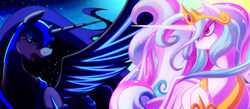 Size: 1600x700 | Tagged: safe, artist:c.d.i., nightmare moon, princess celestia, princess luna, g4, bust, day, duo, night, royal sisters, siblings, sisters