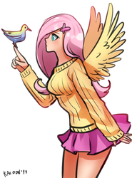 Size: 500x676 | Tagged: safe, artist:racoonsan, fluttershy, bird, human, g4, blushing, clothes, female, humanized, miniskirt, simple background, skirt, solo, spread wings, sweater, sweatershy, white background, winged humanization, wings