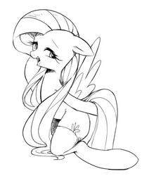 Size: 500x591 | Tagged: dead source, safe, artist:30clock, fluttershy, pegasus, pony, g4, adorasexy, bedroom eyes, clothes, cute, female, floppy ears, grayscale, kneeling, monochrome, open mouth, sexy, simple background, solo, spread wings, stockings, sultry pose, thigh highs, wings