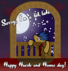 Size: 600x625 | Tagged: safe, artist:flashsentrysartwork, flash sentry, g4, balcony, climbing, flower, heart, hearts and hooves day, male, night, solo
