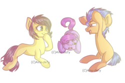 Size: 1095x730 | Tagged: safe, artist:amy-defy, flash sentry, oc, g4, colt, filly, male, playing, simple background, younger