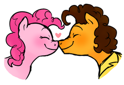 Size: 609x419 | Tagged: safe, artist:hpwendiz, cheese sandwich, pinkie pie, g4, blushing, boop, eyes closed, female, heart, male, nose wrinkle, noseboop, ship:cheesepie, shipping, smiling, straight