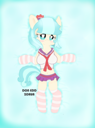 Size: 1709x2279 | Tagged: safe, artist:doneddzorua, coco pommel, earth pony, anthro, g4, bed, belly button, blue, breasts, busty coco pommel, clothes, cute, female, legs, midriff, miniskirt, panties, skirt, socks, solo, stockings, striped socks, sultry pose, underwear