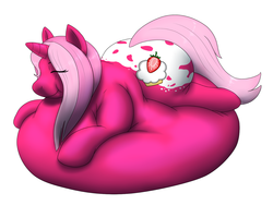 Size: 1333x1000 | Tagged: safe, artist:grinex, oc, oc only, oc:strawberry cupcake, pony, unicorn, belly, belly bed, chubby cheeks, eyes closed, fat, immobile, impossibly large belly, morbidly obese, obese, smiling