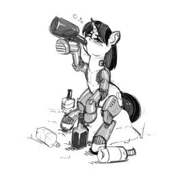 Size: 800x800 | Tagged: source needed, safe, artist:kevinsano, oc, oc only, oc:blackjack, cyborg, pony, unicorn, fallout equestria, fallout equestria: project horizons, alcohol, amputee, grayscale, i never asked for this, monochrome, prosthetic limb, prosthetics, solo, whiskey