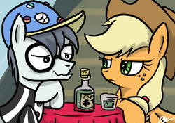 Size: 1748x1240 | Tagged: safe, artist:mrasianhappydude, applejack, silver shill, g4, leap of faith, appleshill, female, glasses, male, shipping, straight, unamused