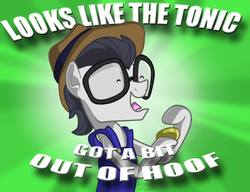 Size: 730x562 | Tagged: safe, artist:trace-101, silver shill, earth pony, pony, g4, leap of faith, bits, eyes closed, glasses, green background, hat, male, pun, simple background, solo, stallion, tonic