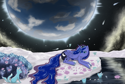 Size: 2400x1600 | Tagged: safe, artist:novaquinmat, princess luna, butterfly, cat, g4, banishment, exile, flower, lake, moon, sad, shooting star