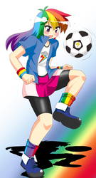 Size: 700x1300 | Tagged: safe, artist:tyaramu, rainbow dash, equestria girls, g4, ball, clothes, compression shorts, female, football, human coloration, pixiv, skirt, solo