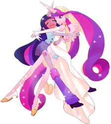 Size: 1300x1454 | Tagged: safe, artist:☆☆☆☆☆☆☆, princess cadance, twilight sparkle, alicorn, human, equestria girls, g4, clothes, cute, dark skin, dress, female, high heels, horn, horns are touching, hug, humanized, long legs, pixiv, simple background, sisters-in-law, twilight sparkle (alicorn), white background