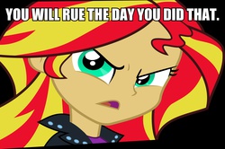 Size: 2748x1821 | Tagged: safe, sunset shimmer, equestria girls, g4, cheers, female, image macro, meme, solo, threat