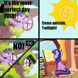 Size: 910x910 | Tagged: safe, edit, edited screencap, screencap, twilight sparkle, pony, unicorn, g4, magical mystery cure, book, caption, come outside chris, comic, female, humor, image macro, mare, reading, slice of life, solo, sun, text, unicorn twilight