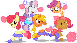 Size: 1024x583 | Tagged: safe, artist:bigdream64, apple bloom, babs seed, scootaloo, sweetie belle, oc, earth pony, pegasus, pony, unicorn, g4, bipedal, cheerleader, clothes, crossover, cutie mark crusaders, elite beat agents, female, filly, foal, midriff, pom pom, rhythm game, simple background, skirt, transparent background, vector