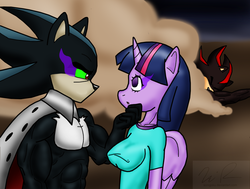 Size: 900x681 | Tagged: safe, artist:sonigoku, twilight sparkle, anthro, g4, :o, crossover, eye contact, glowing eyes, hypnosis, male, mephiles the dark, shadow the hedgehog, sombra eyes, sonic the hedgehog, sonic the hedgehog (series), twilight sparkle (alicorn)