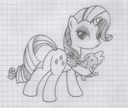 Size: 1488x1256 | Tagged: safe, artist:kakyou-dreams, rarity, spike, pony, unicorn, g4, butt, doll, female, horn, male, monochrome, plot, plushie, rearity, ship:sparity, shipping, solo, spike plushie, straight, traditional art