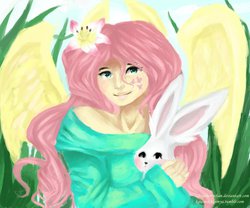 Size: 979x816 | Tagged: safe, artist:ichigoberrychan, angel bunny, fluttershy, human, g4, eared humanization, humanized, winged humanization