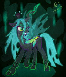 Size: 700x810 | Tagged: safe, artist:gotwin, queen chrysalis, changeling, changeling queen, g4, crown, female, glowing, glowing horn, horn, jewelry, pixiv, regalia, solo