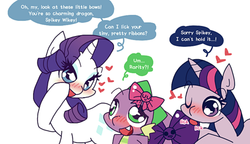 Size: 500x288 | Tagged: safe, artist:panyang-panyang, rarity, spike, twilight sparkle, pony, unicorn, g4, blushing, dialogue, female, heart, licking, male, mare, ribbon, ship:sparity, ship:twisparity, ship:twispike, shipping, simple background, speech bubble, spike gets all the mares, straight, wat