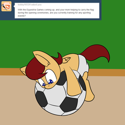 Size: 1280x1280 | Tagged: safe, artist:jake heritagu, oc, oc only, oc:lightning blitz, pegasus, pony, ask, baby, baby pony, colt, football, lightning blitz answers, male, offspring, parent:rain catcher, parent:scootaloo, parents:catcherloo, solo, tumblr