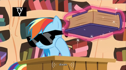 Size: 500x277 | Tagged: safe, screencap, rainbow dash, g4, testing testing 1-2-3, doom, female, meme, solo, sunglasses, youtube caption