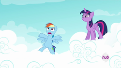 Size: 1920x1080 | Tagged: safe, screencap, rainbow dash, twilight sparkle, alicorn, pony, g4, testing testing 1-2-3, female, hub logo, mare, twilight sparkle (alicorn)