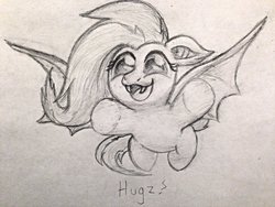 Size: 1032x774 | Tagged: dead source, safe, artist:privia, fluttershy, g4, :3, bronybait, chibi, cute, fangs, female, flutterbat, flying, hug, hug request, monochrome, open mouth, shyabetes, sketch, smiling, solo, spread wings, traditional art