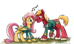 Size: 760x456 | Tagged: safe, artist:kenket, artist:spainfischer, big macintosh, fluttershy, earth pony, pony, g4, bottomless, clothes, duo, male, music notes, partial nudity, ponytones, ponytones outfit, ship:fluttermac, shipping, singing, smiling, stallion, straight, sweater, sweatershy, traditional art