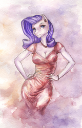 Size: 770x1200 | Tagged: safe, artist:valita-es, rarity, anthro, g4, cleavage, clothes, dress, female, hand on hip, hips, missing horn, necklace, solo, traditional art, watercolor painting
