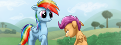 Size: 960x360 | Tagged: safe, artist:rautakoura, rainbow dash, scootaloo, my little investigations, g4, crying, duo, scootasad