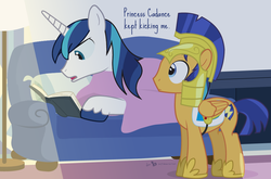 Size: 990x653 | Tagged: safe, artist:dm29, flash sentry, shining armor, g4, book, couch, dialogue, duo, reading