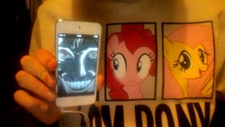 Size: 1280x720 | Tagged: safe, pinkie pie, human, g4, death note, ipod, irl, irl human, juxtaposition, kyosuke higuchi, photo