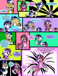 Size: 1682x2193 | Tagged: safe, artist:frostykat13, princess cadance, shining armor, twilight sparkle, g4, alternate hairstyle, armor, comic, confused, filly, floppy ears, frown, glare, grin, makeover, makeup, mascara, nervous, running makeup, smiling, wide eyes, yelling