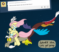 Size: 1200x1050 | Tagged: safe, artist:marindashy, angel bunny, discord, fluttershy, g4, angel riding fluttershy, ask, double riding, fluttershy answers, fluttershy riding discord, flying, rabbits riding ponies, riding, riding discord, the neverending story, tumblr