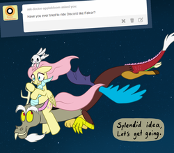 Size: 1200x1050 | Tagged: safe, artist:marindashy, angel bunny, discord, fluttershy, g4, angel riding fluttershy, ask, fluttershy answers, flying, rabbits riding ponies, riding, the neverending story, tumblr