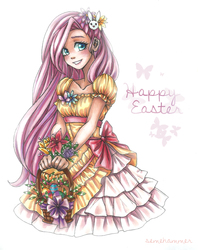 Size: 1156x1460 | Tagged: safe, artist:semehammer, fluttershy, human, g4, basket, clothes, dress, easter, female, humanized, solo, traditional art