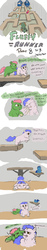 Size: 948x5000 | Tagged: safe, artist:jberg360, oc, oc only, oc:blueball, oc:xander, earth pony, fluffy pony, pony, robot, unicorn, comic:fluffy runner, ambiguous gender, biting, butt touch, hitting, imminent death, jumping, machine, pushing, tail bite