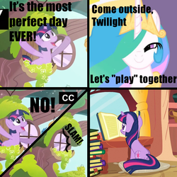 Size: 909x910 | Tagged: safe, princess celestia, twilight sparkle, g4, come outside chris, comic, implied molestia, reading, tv rating