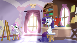 Size: 3656x2060 | Tagged: safe, artist:nekokevin, rarity, sweetie belle, pony, unicorn, g4, duo, easel, glasses, high res, mouth hold, paintbrush, sewing machine